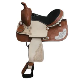 13" DOUBLE T YOUTH ROPING SADDLE, BASKETWEAVE TOOLED, SUEDE LEATHER SEAT