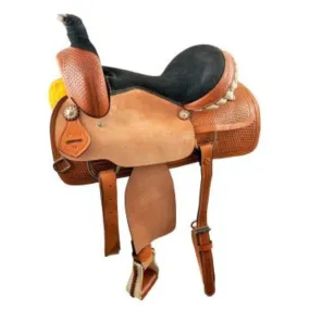 16" MEDIUM OIL ROPER STYLE SADDLE WITH ROUGH OUT FENDERS & JOCKEYS WITH BASKET STAMP TOOLING AND BLACK SUEDE SEAT