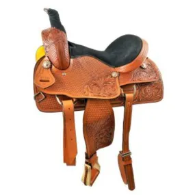 16" MEDIUM OIL ROPING STYLE SADDLE WITH ROUGH OUT FENDERS & JOCKEYS WITH FLORAL/BASKET WEAVE COMBO TOOLING