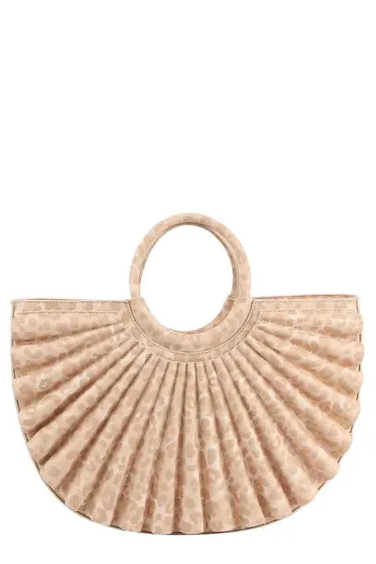 Beige Leopard Printed Pleated Half Moon Satchel