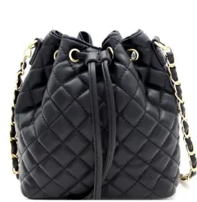 Black Quilted Drawstring Bucket Crossbody Bag Satchel