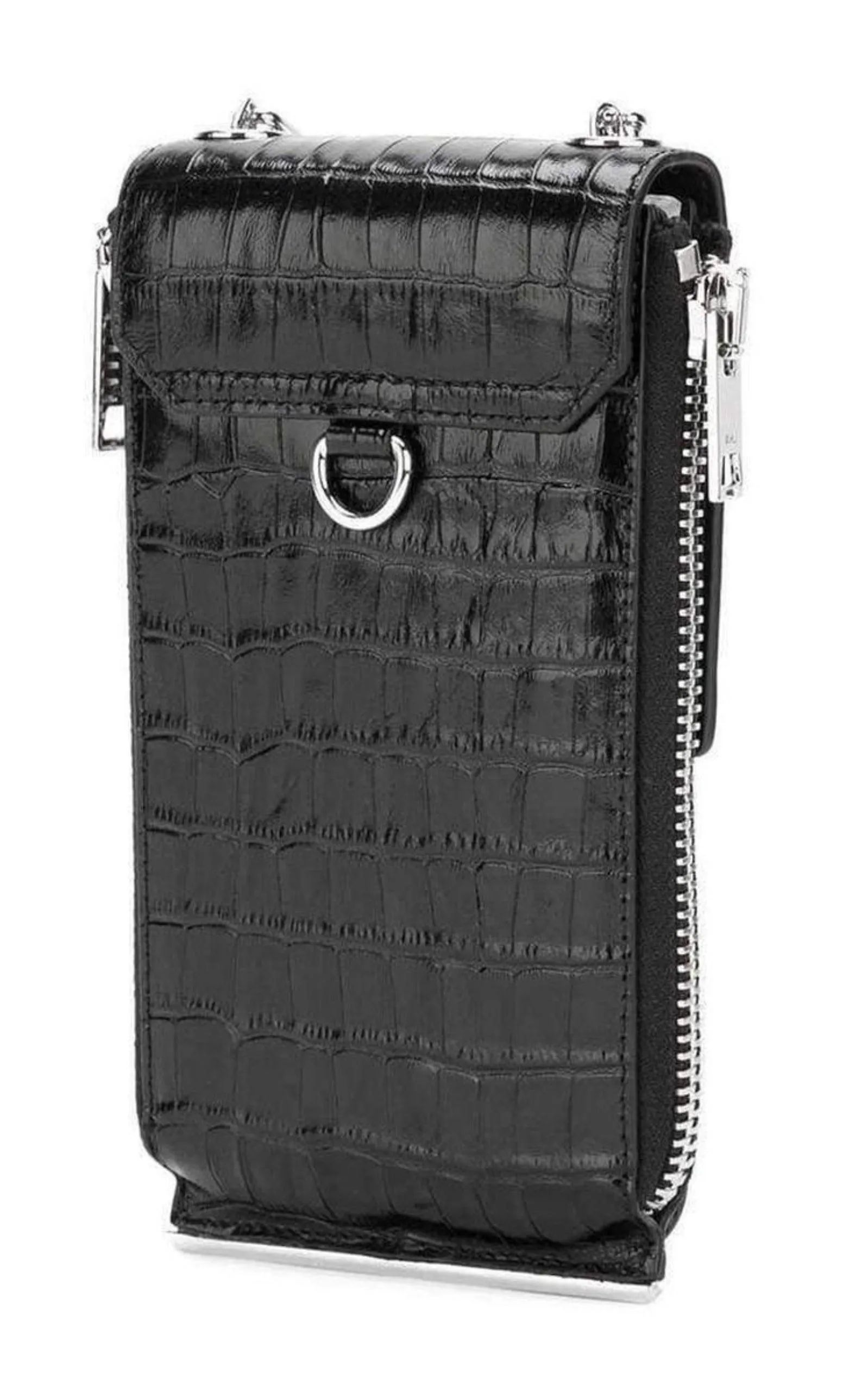 Black Shoulder Wallet Crocodile Embossed Leather