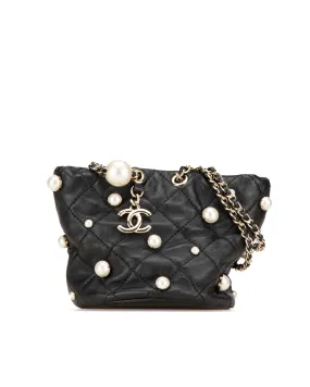 Calfskin Leather Drawstring Bucket Bag with Faux Pearl Embellishments