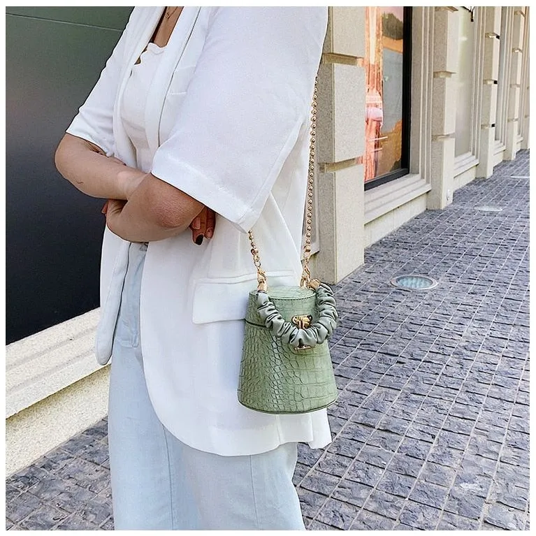 Chic CrocLuxe Chain Strap Bucket Crossbody Handbag