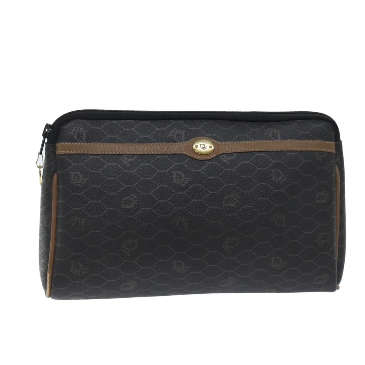 CHRISTIAN DIOR Honeycomb Canvas Clutch Bag PVC Leather Black Auth yk11503