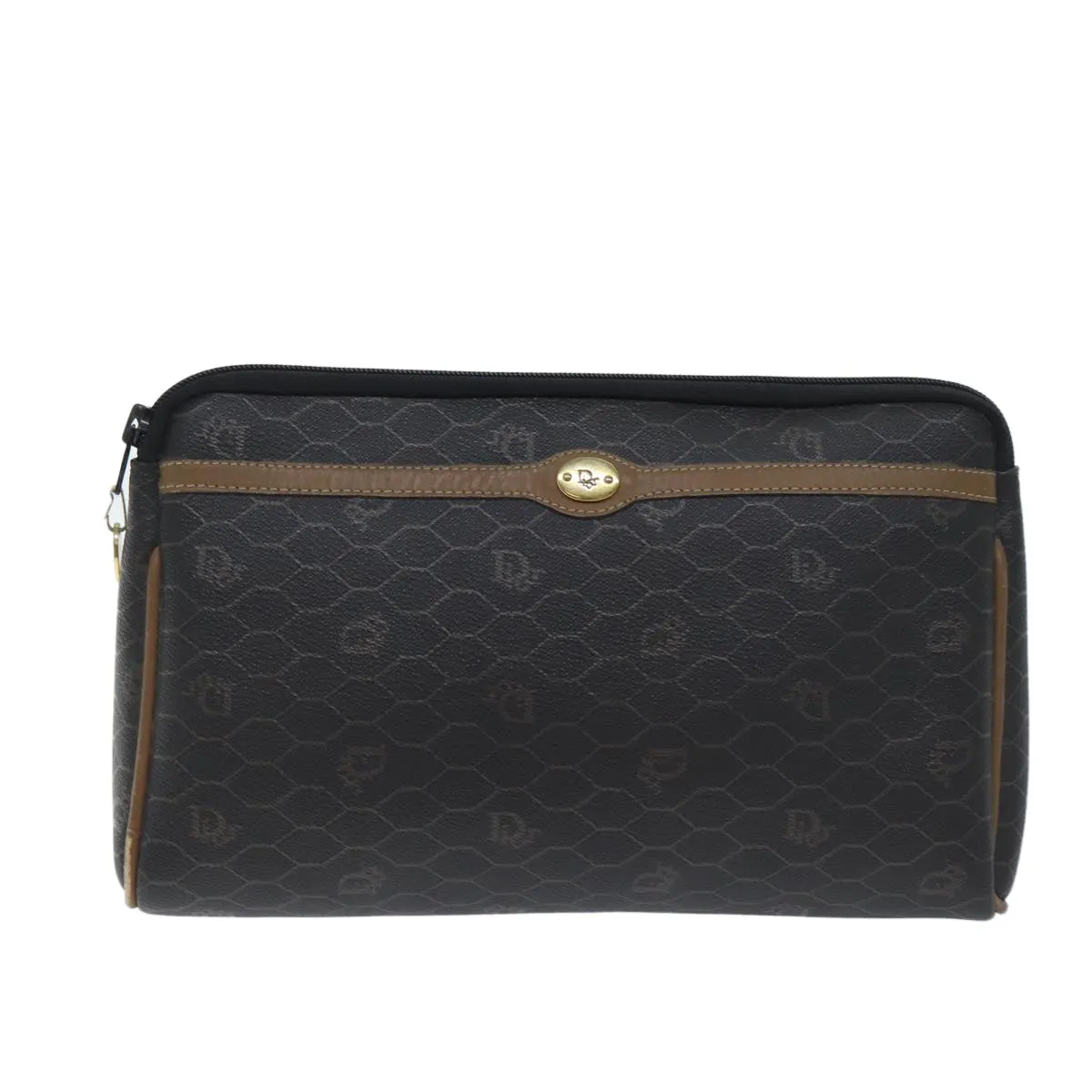 CHRISTIAN DIOR Honeycomb Canvas Clutch Bag PVC Leather Black Auth yk11503