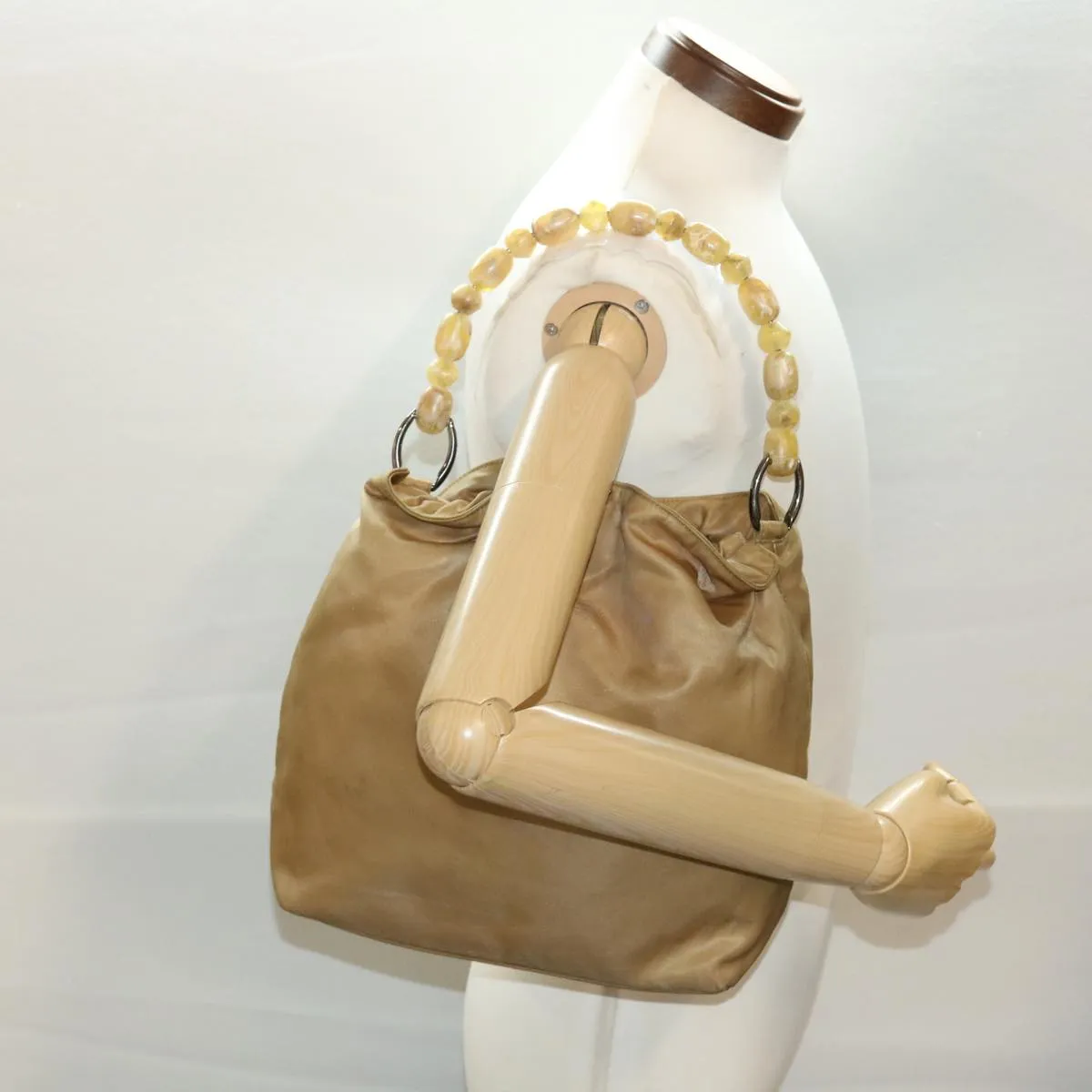 CHRISTIAN DIOR Maris Pearl Shoulder Bag Nylon Beige Auth bs5278