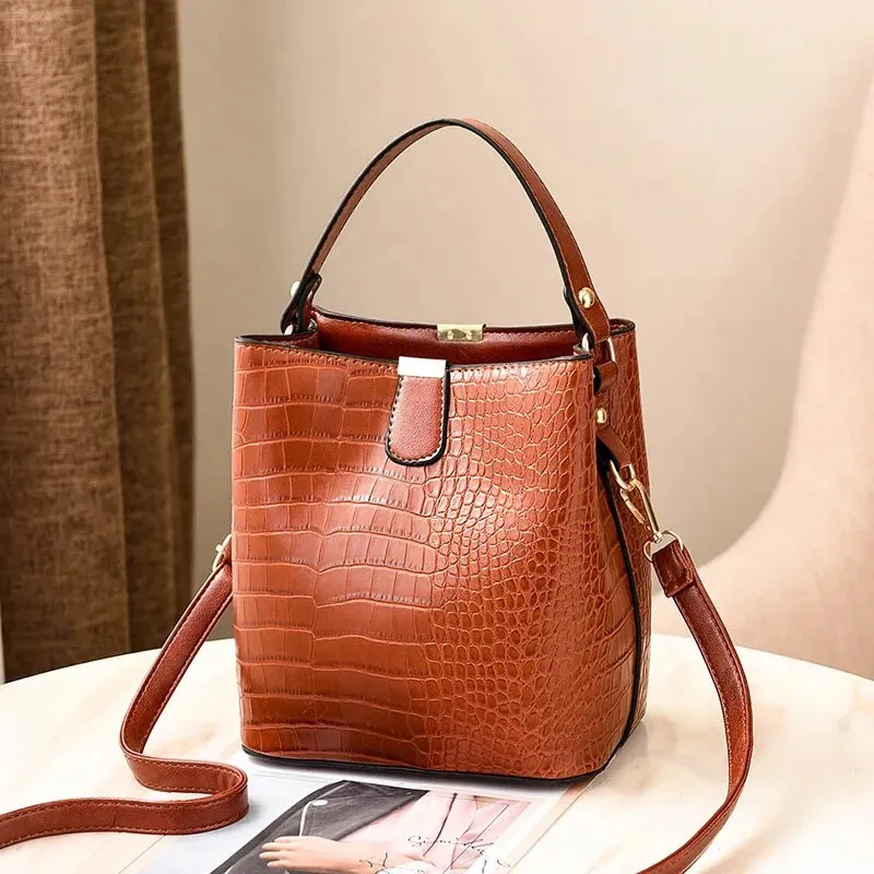 Crocodile Print Leather Bucket Handbag