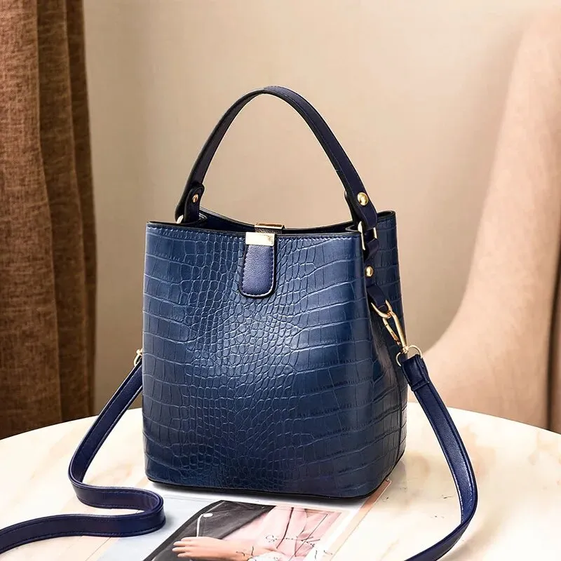 Crocodile Print Leather Bucket Handbag