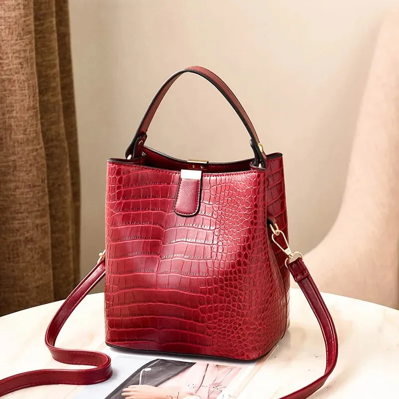 Crocodile Print Leather Bucket Handbag