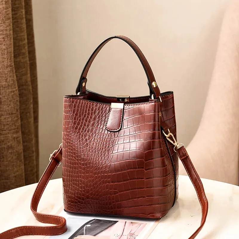 Crocodile Print Leather Bucket Handbag