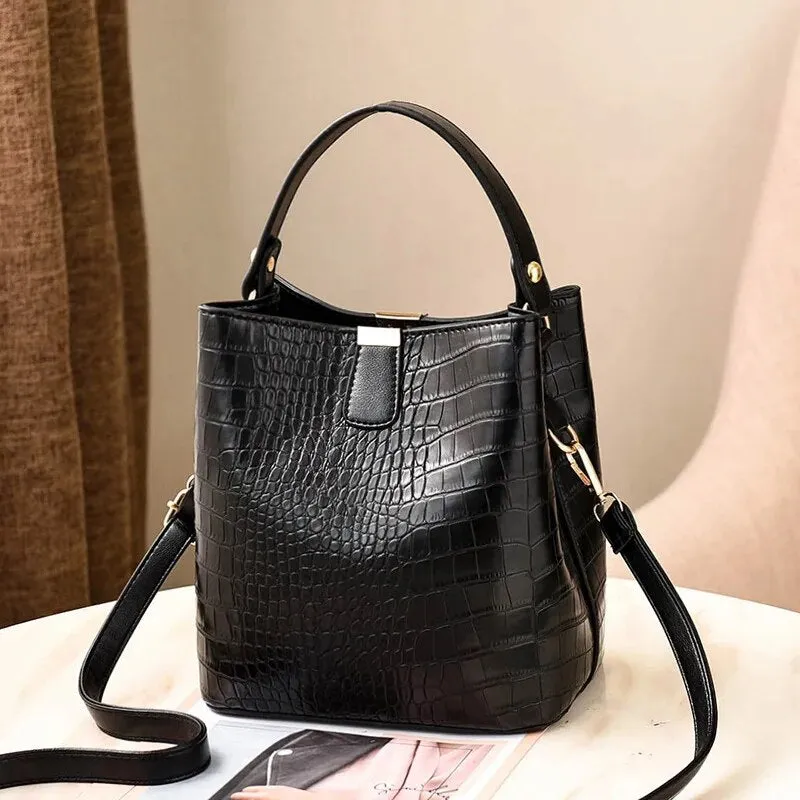 Crocodile Print Leather Bucket Handbag