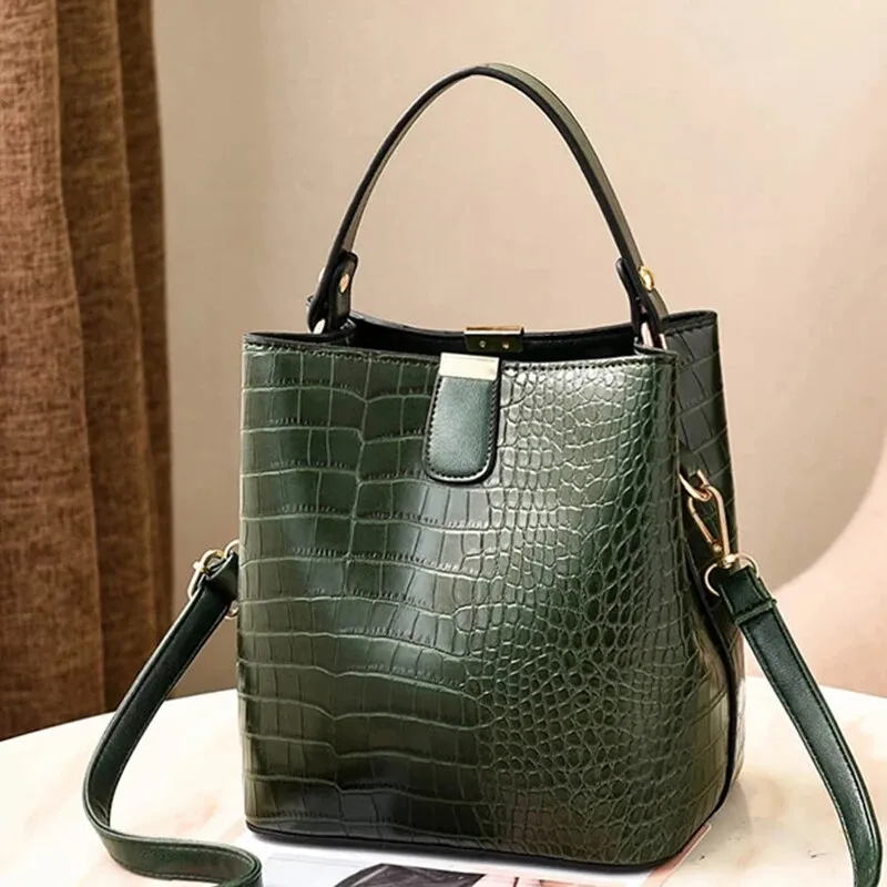 Crocodile Print Leather Bucket Handbag