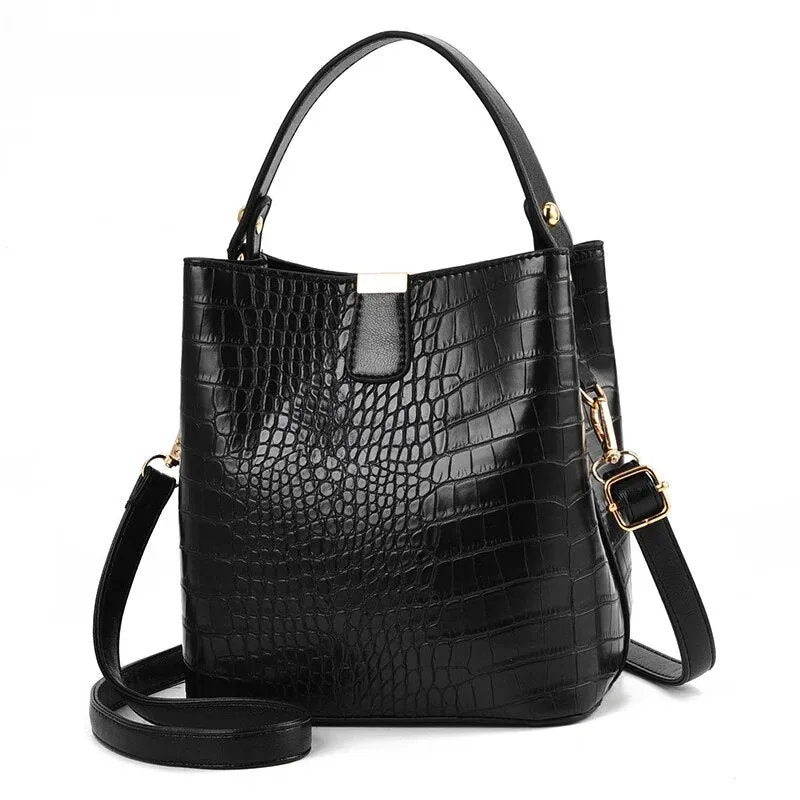 Crocodile Print Leather Bucket Handbag