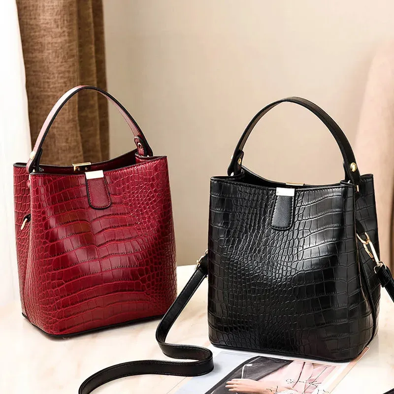 Crocodile Skin Bucket Leather Handbag