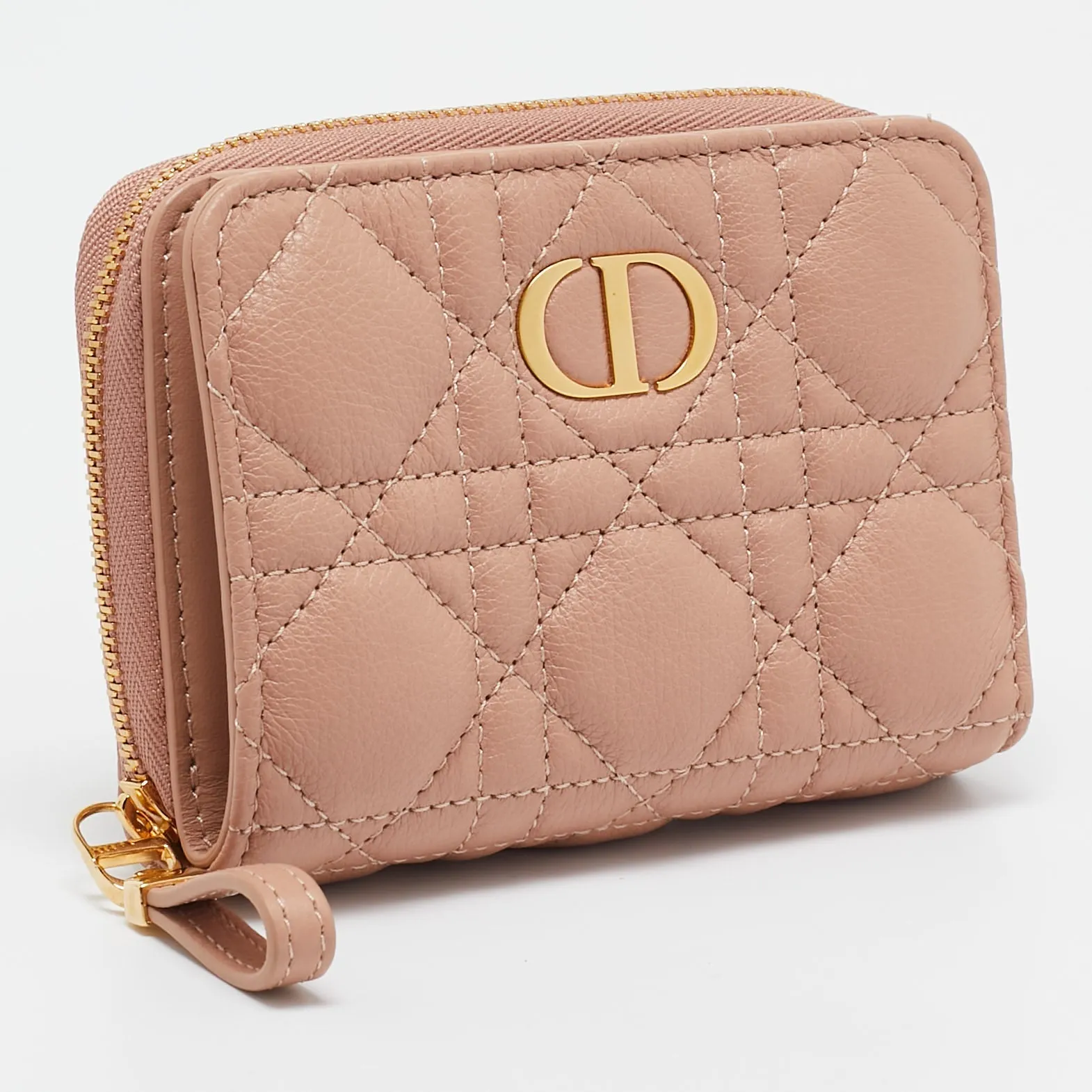 DIOR Beige Cannage Leather Caro Zip Compact Wallet