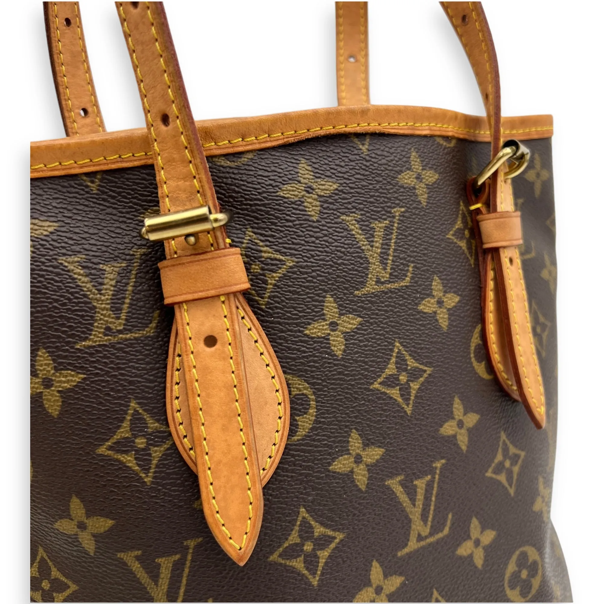 Double Handle Petit  Bucket Bag Brown in Monogram Coated Canvas, Gold hardware