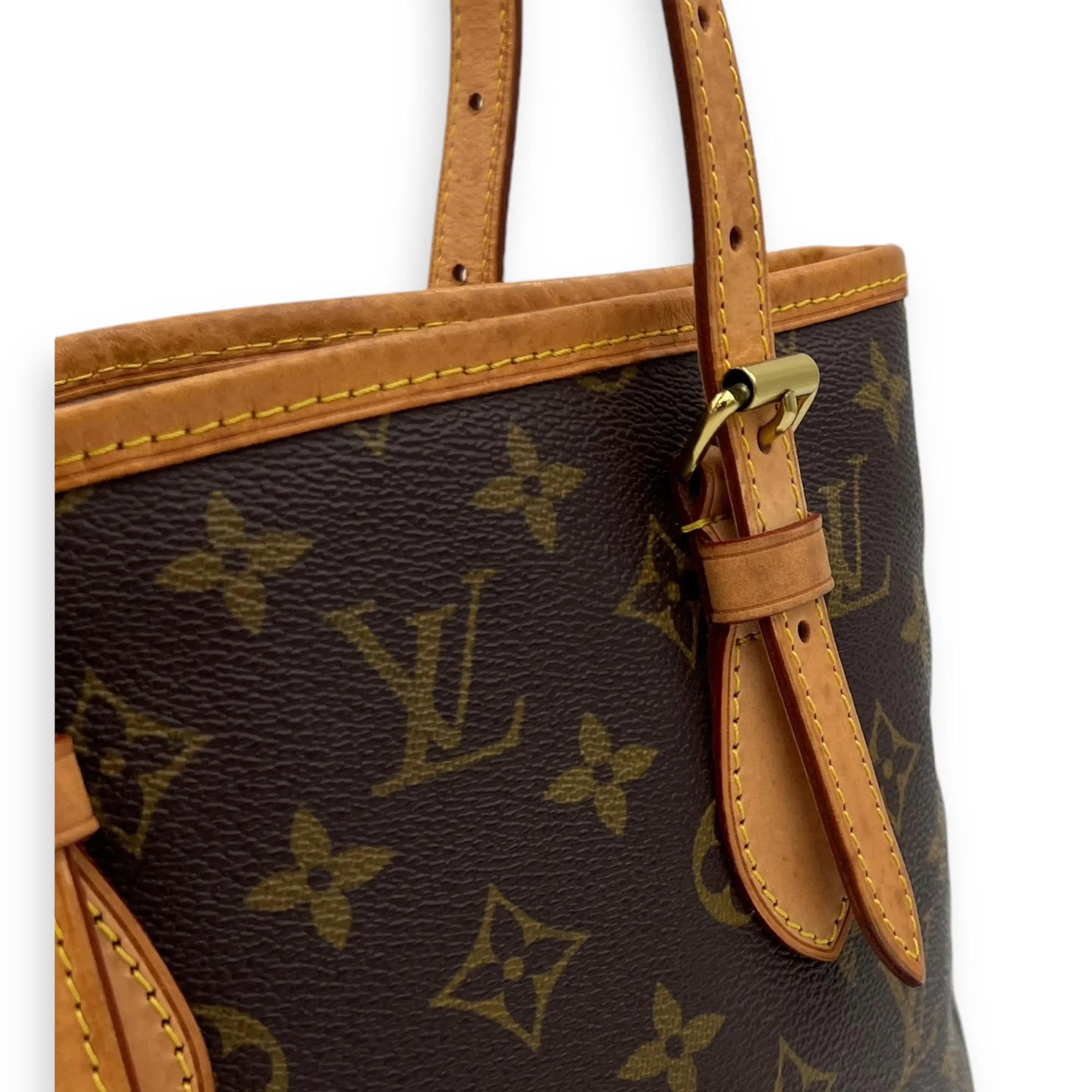 Double Handle Petit  Bucket Bag Brown in Monogram Coated Canvas, Gold hardware