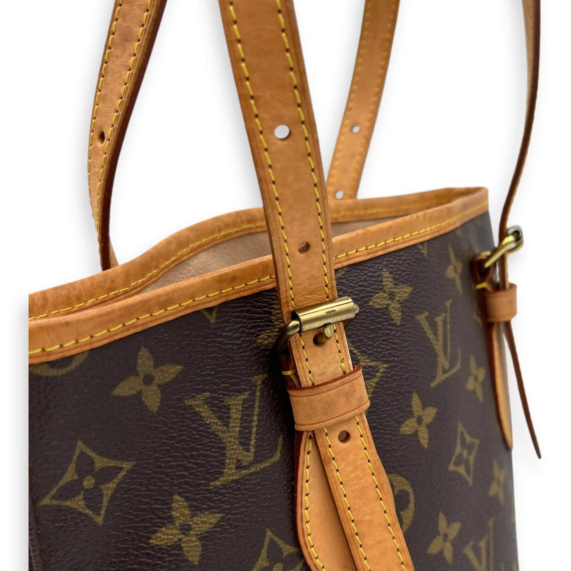 Double Handle Petit  Bucket Bag Brown in Monogram Coated Canvas, Gold hardware