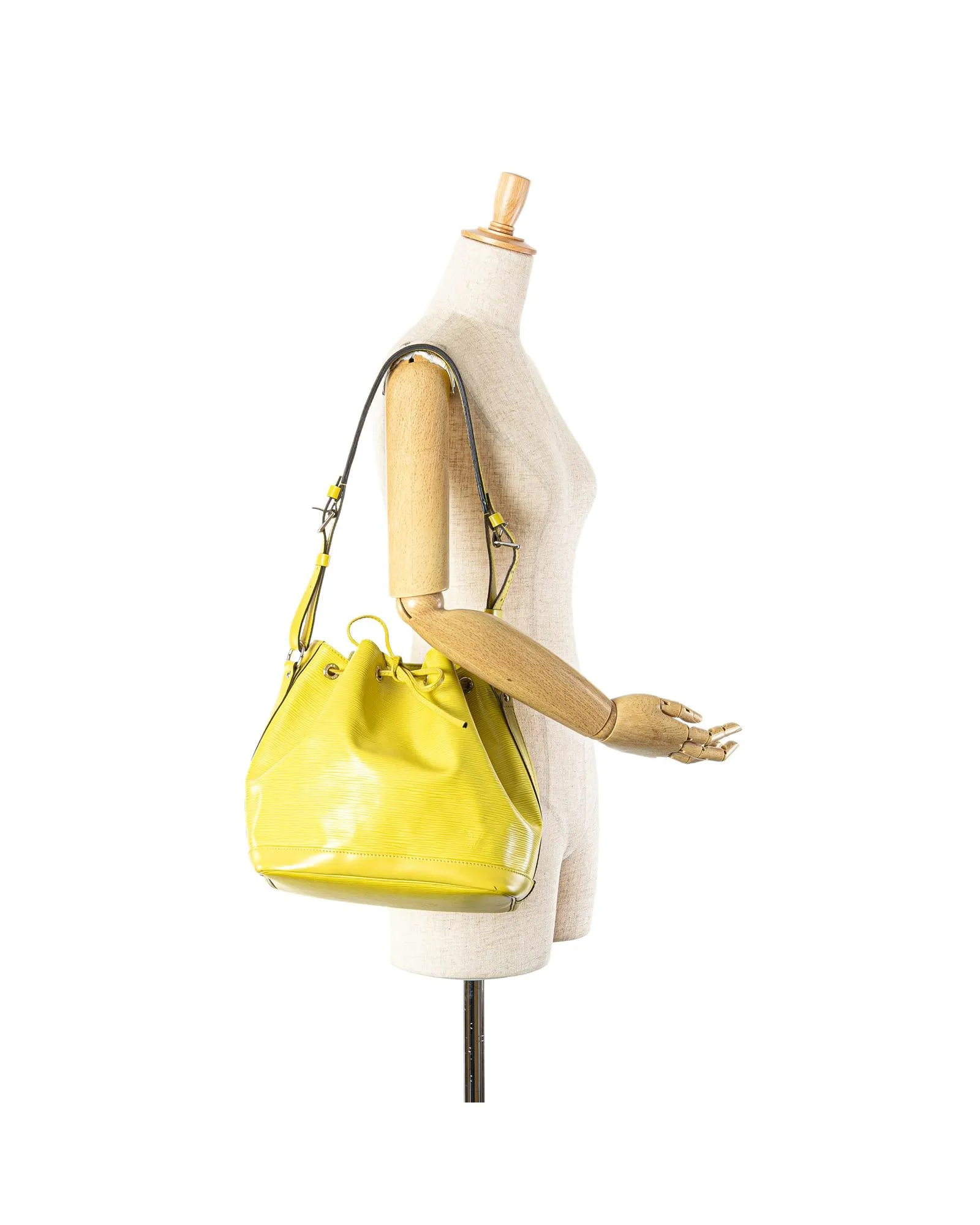 Epi Leather Bucket Bag with Adjustable Strap and Drawstring Closure