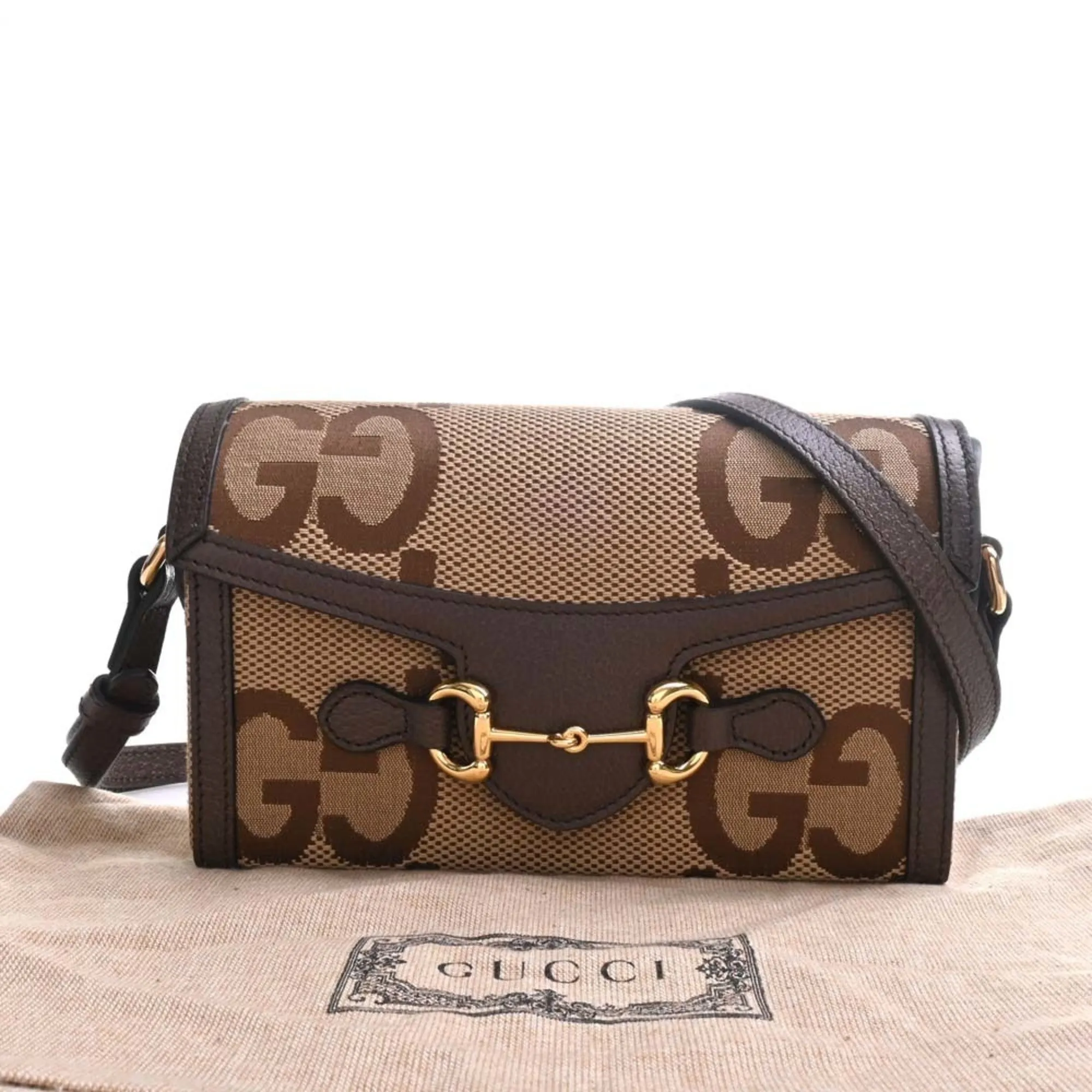 GUCCI Horsebit 1955 Jumbo GG Canvas Leather Shoulder Bag 699296 Beige/Brown Women's