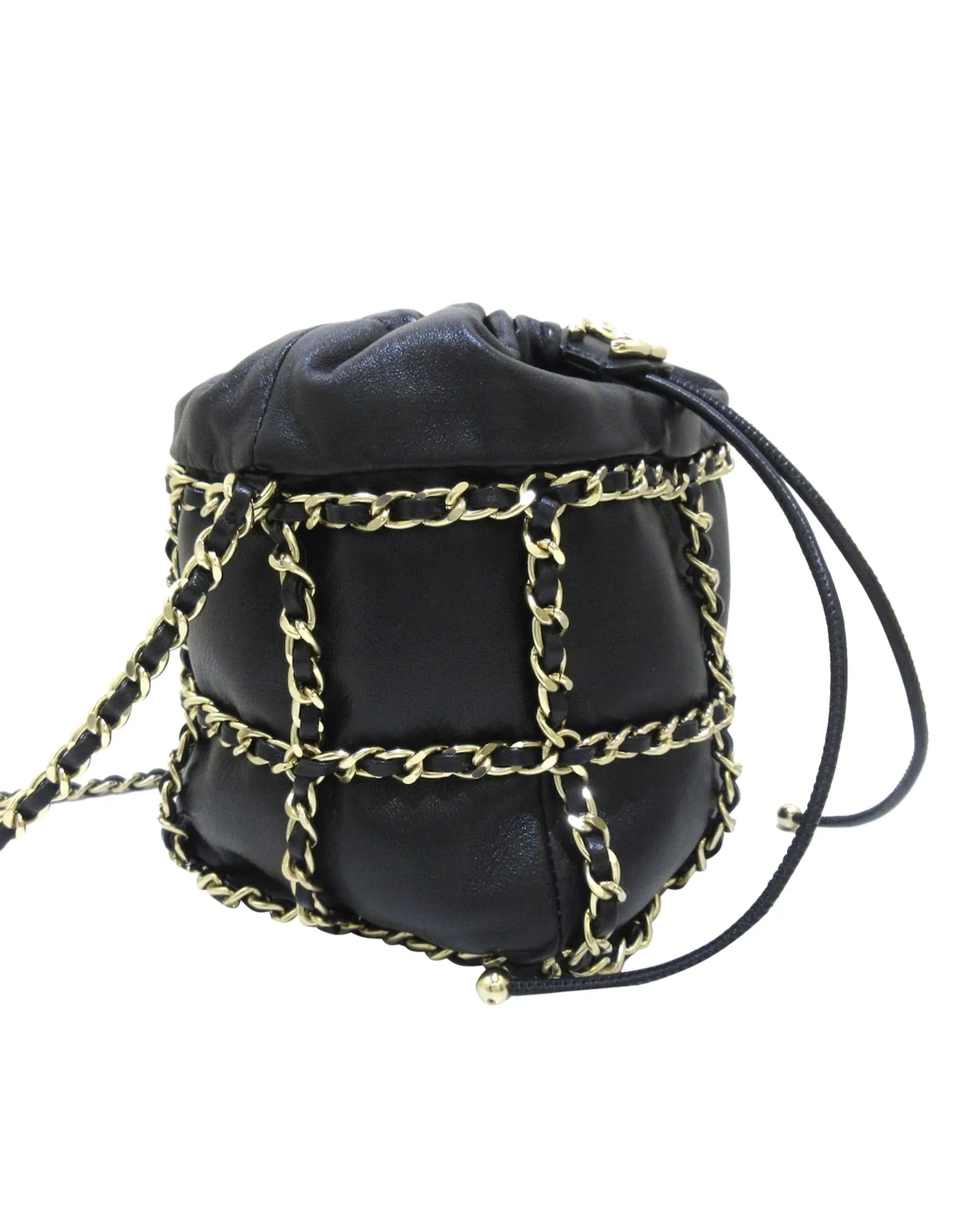 Lambskin Leather Bucket Bag with Chain Strap and Drawstring Closure