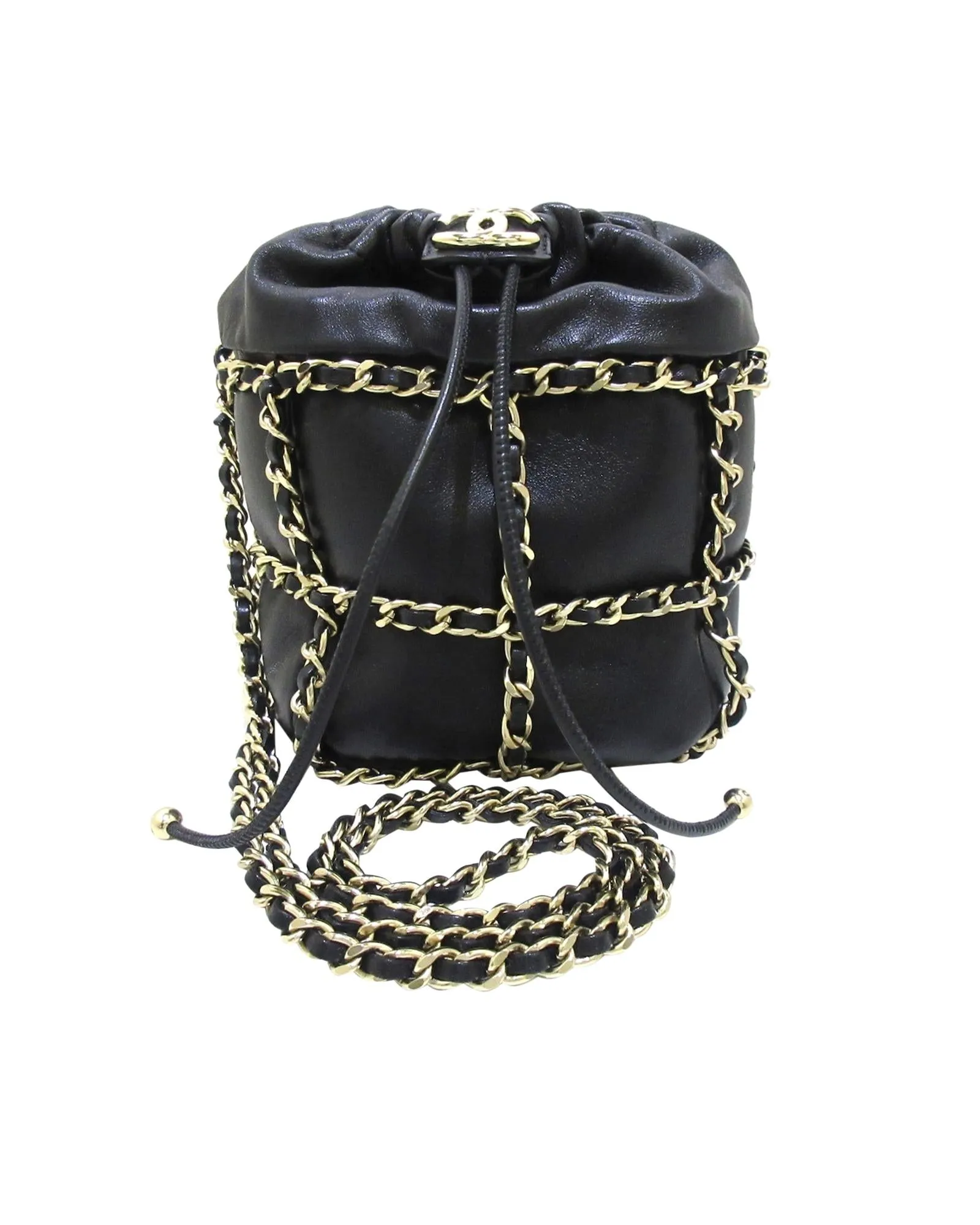 Lambskin Leather Bucket Bag with Chain Strap and Drawstring Closure