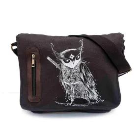 Laptop Bag - Samurai Owl White Ink on Black Canvas Bag by Namu