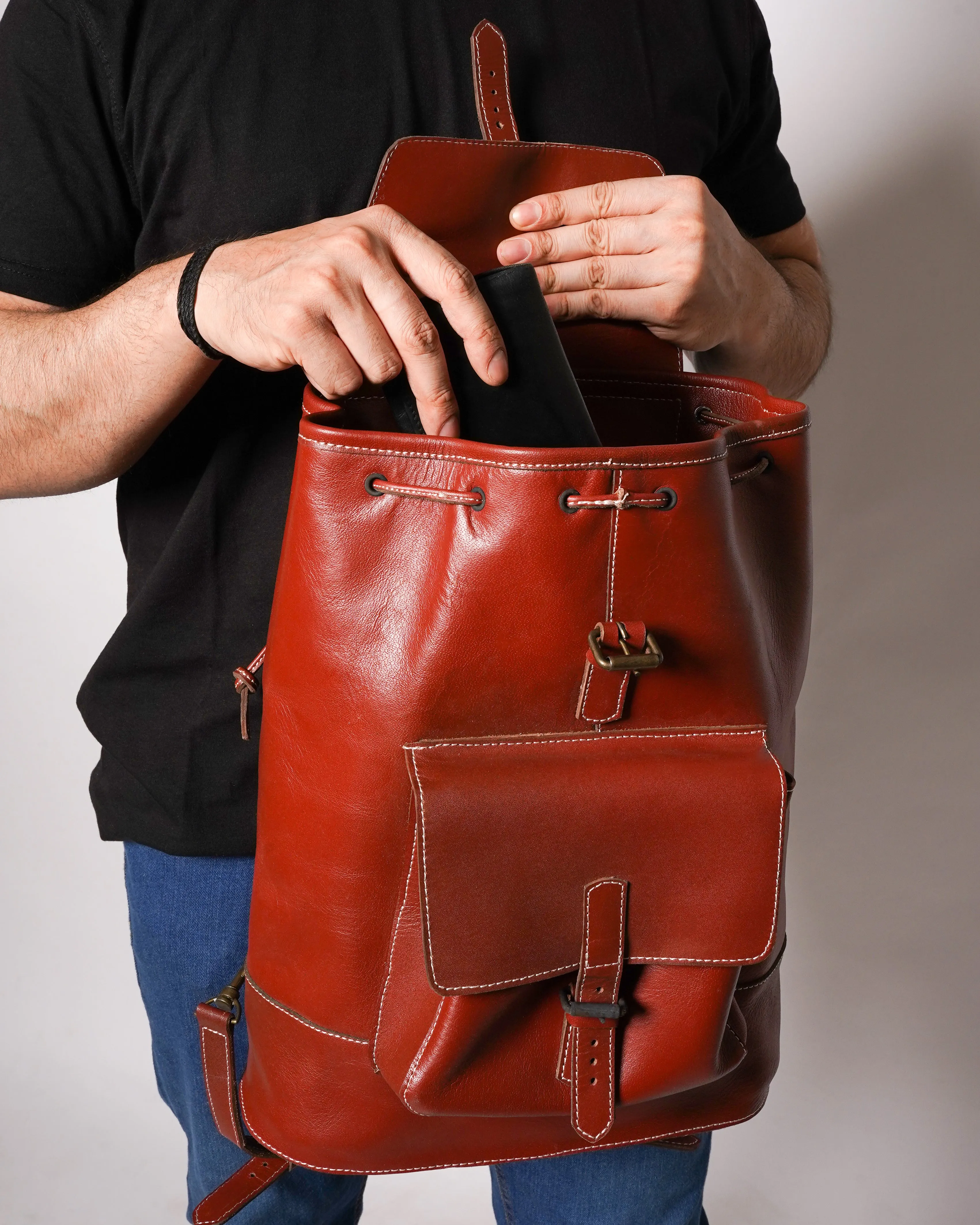 Leather Bucket Bag with Backpack Straps