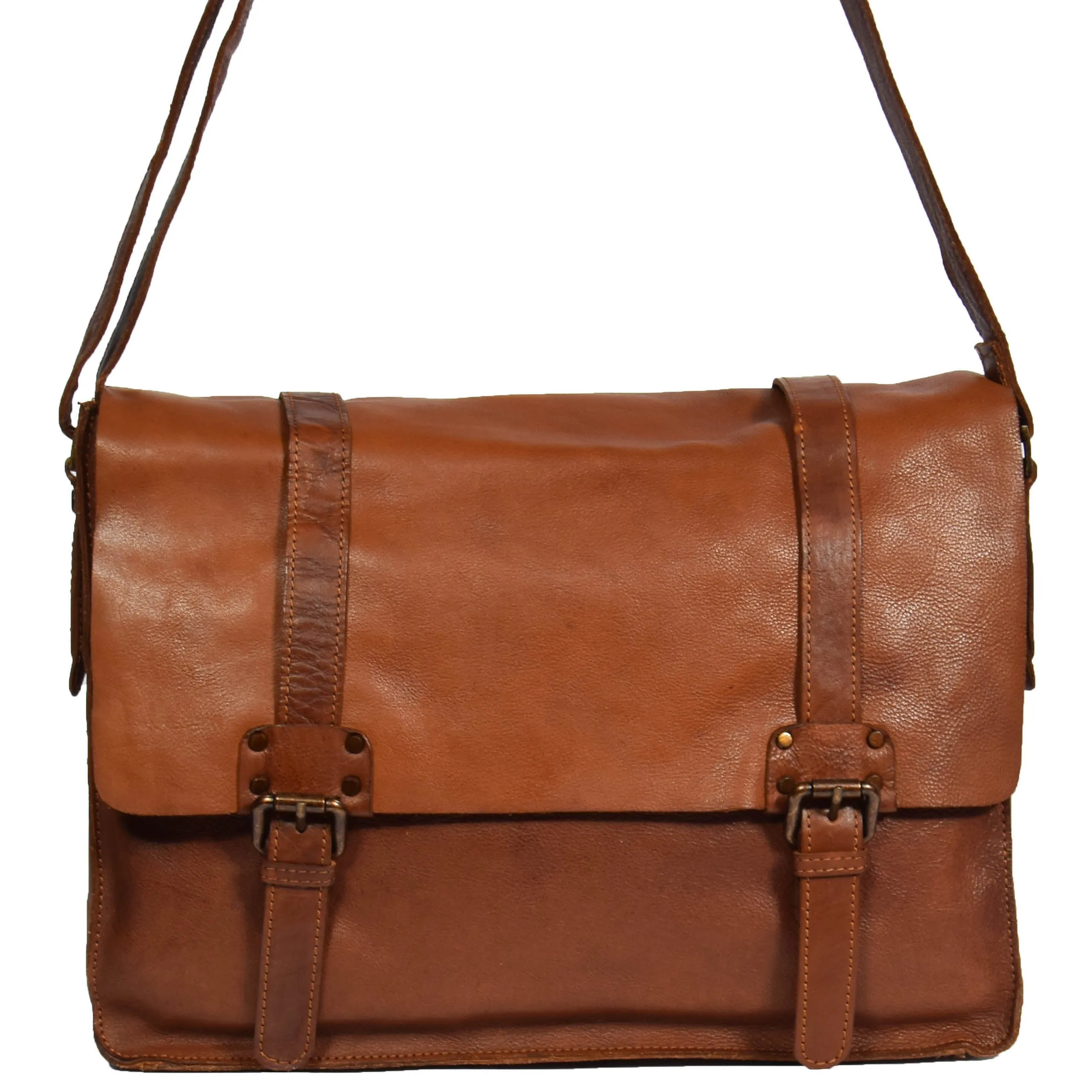 Mens Classic Flap Over Leather Satchel HOL6799 Tan