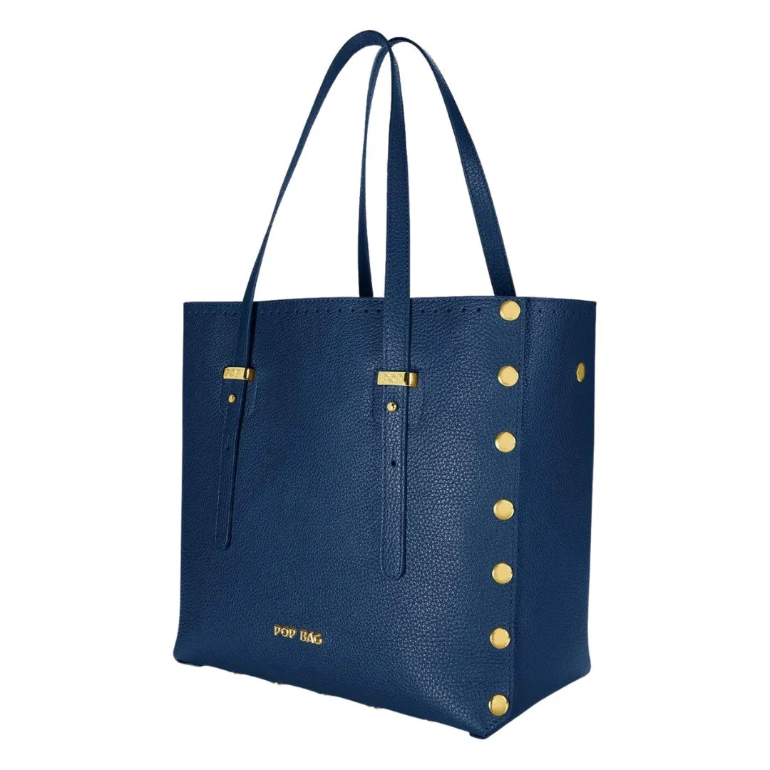 Navy Genuine Italian Pebbled Leather Large Tote Bag