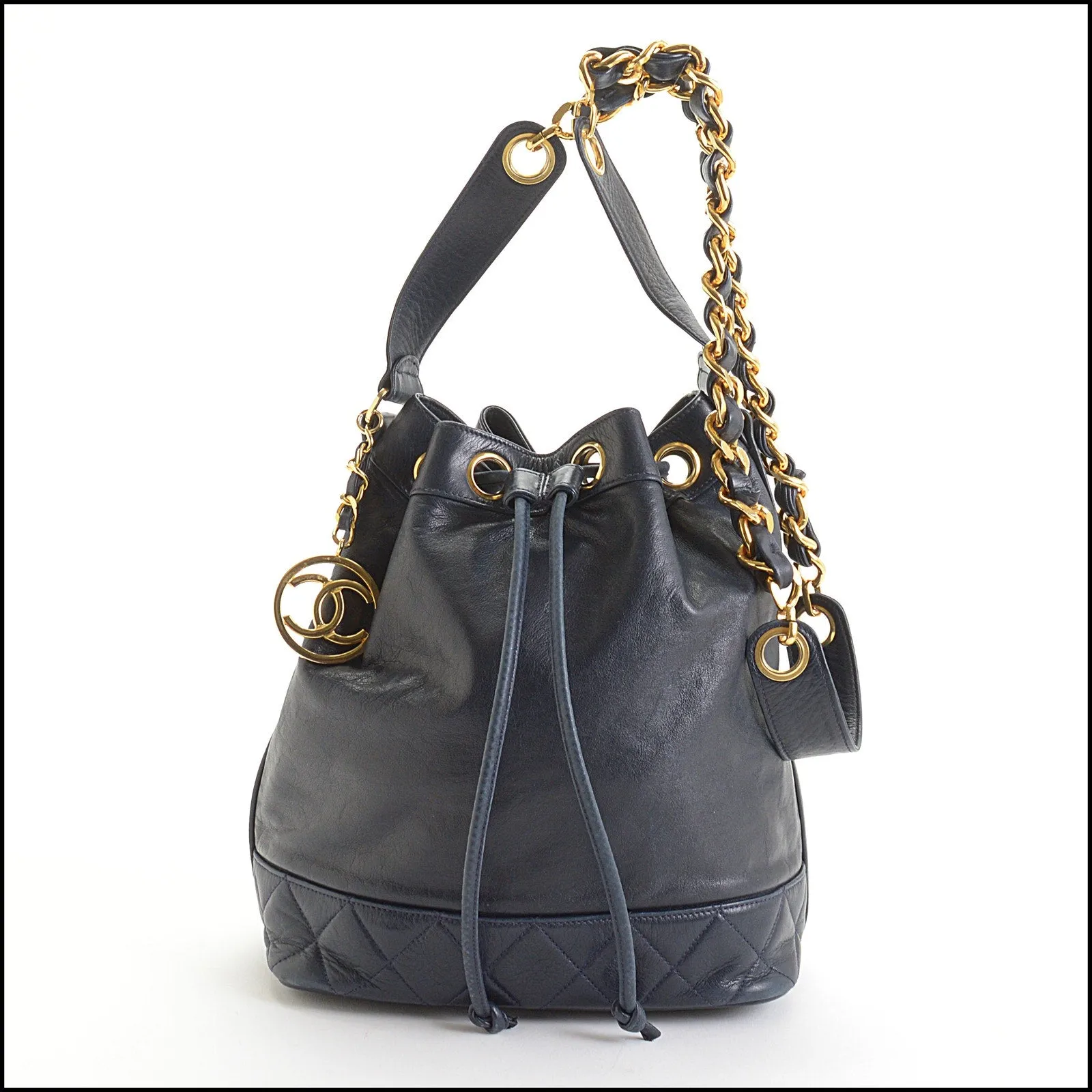 RDC14155 Authentic CHANEL Vintage 89-91 Navy Leather Quilted Base Bucket Bag