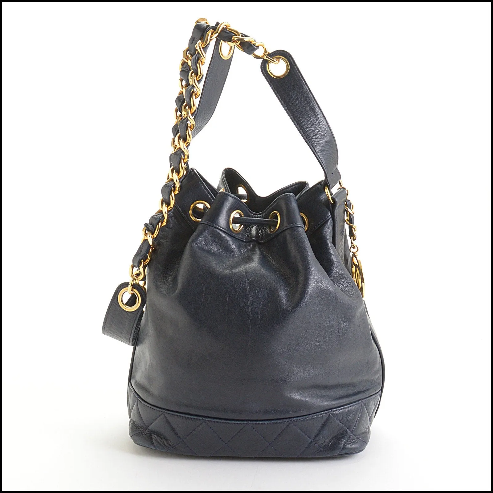 RDC14155 Authentic CHANEL Vintage 89-91 Navy Leather Quilted Base Bucket Bag