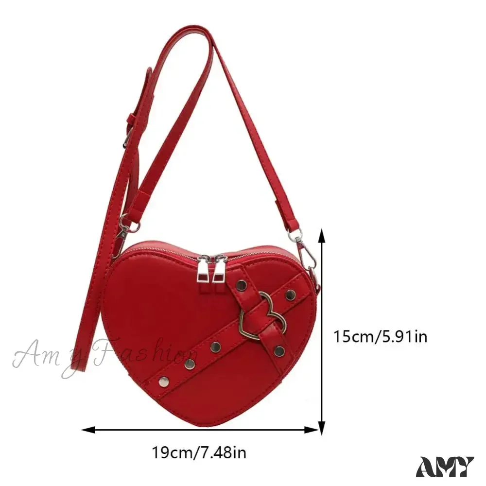 Red Leather Heart Shaped Vintage Chain Rivet Y2K Small Bag PU