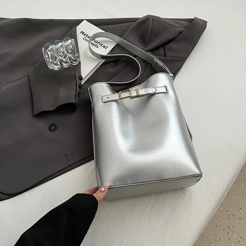 Silver Belt Design Pu Leather Shoulder Bags for Women Winter Fashion Simple Solid Color Handbags Crossbody Bag