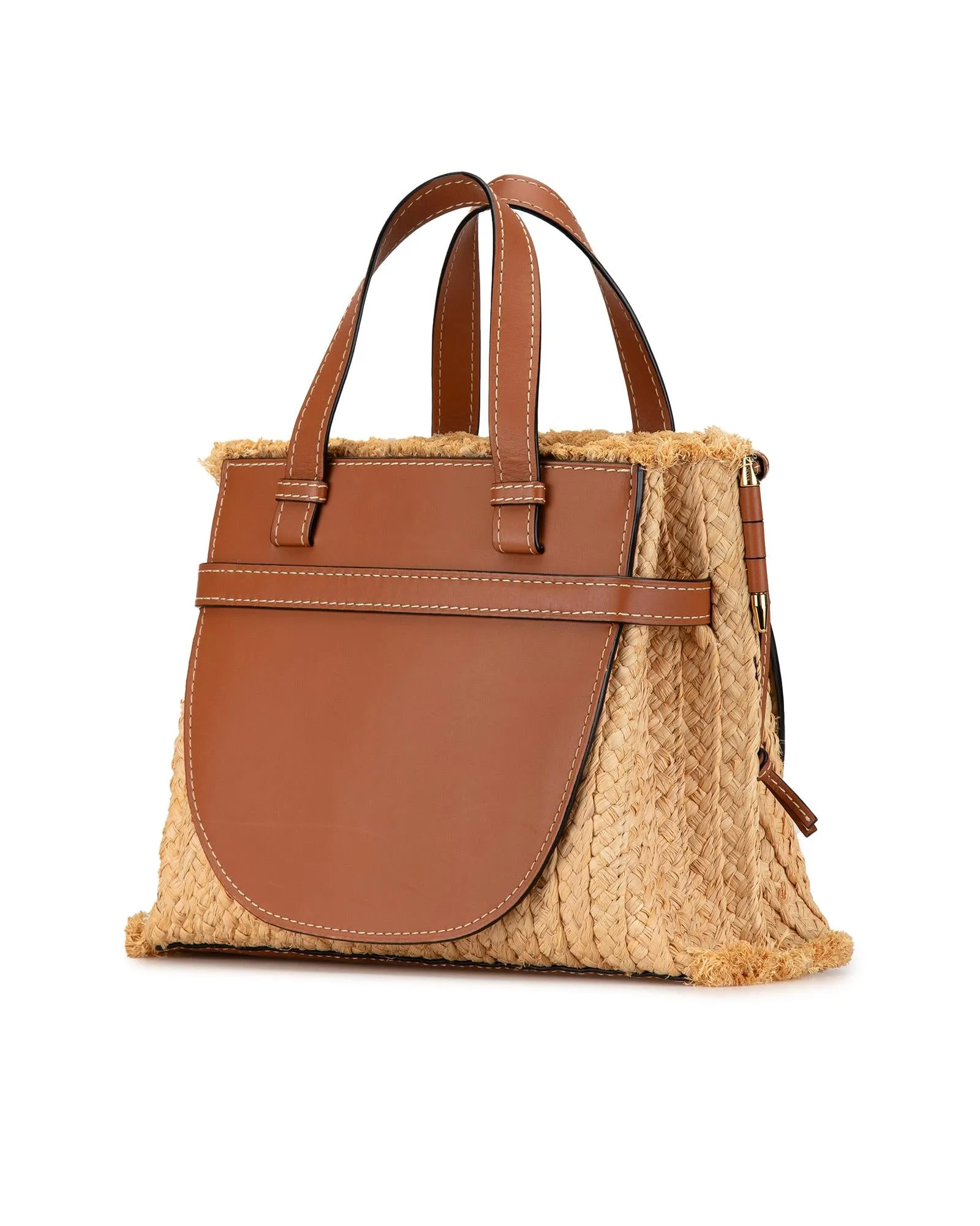 Small Raffia and Leather Top Handle Bag with Detachable Strap