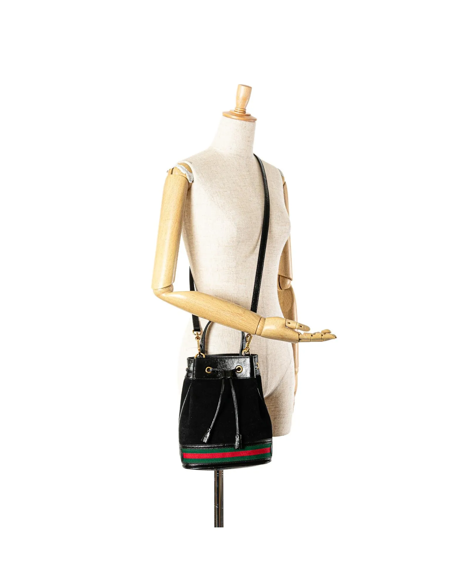 Small Suede Bucket Bag with Leather Trim and Drawstring Closure