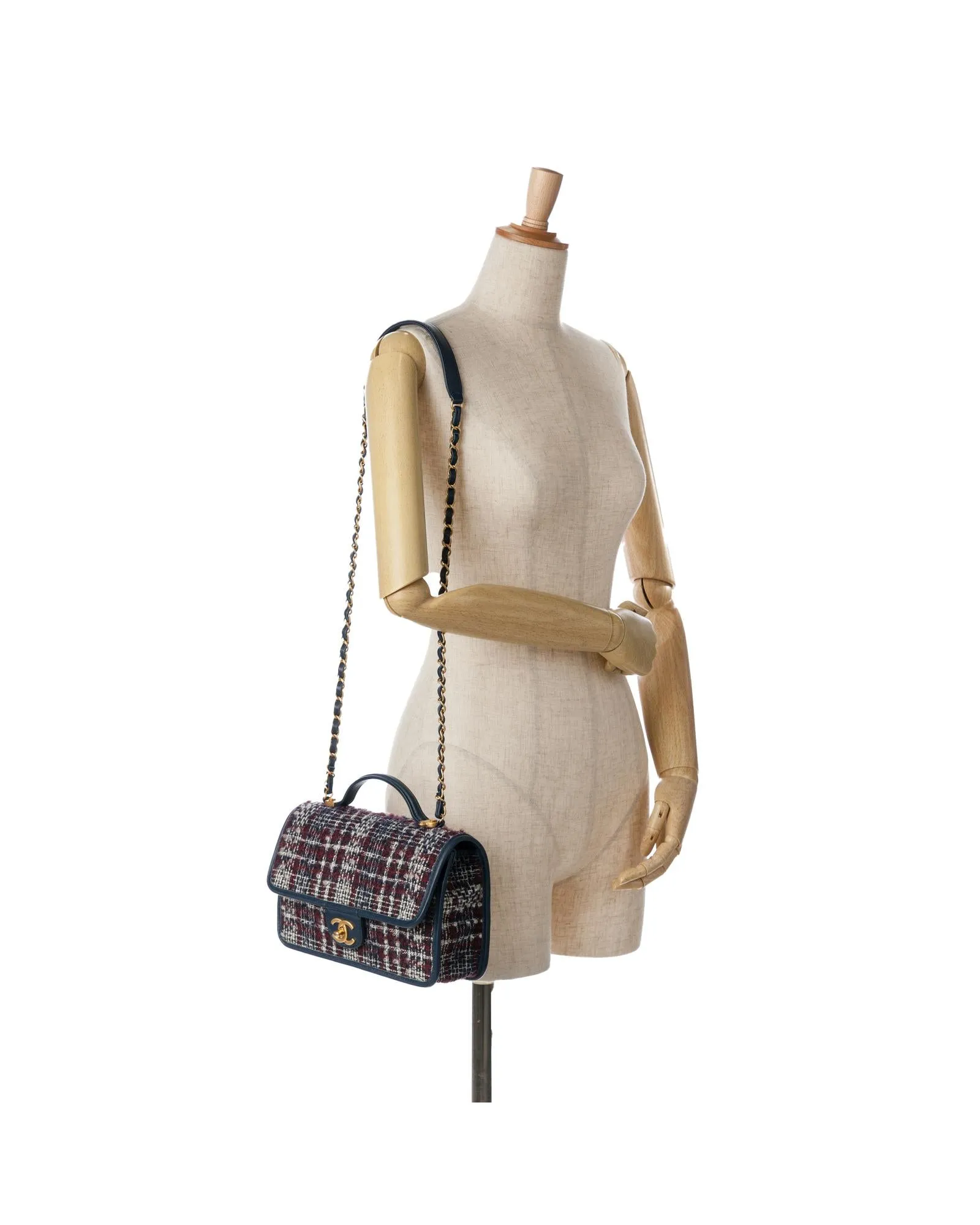 Small Tweed Top Handle Flap Satchel with Chain Strap and CC Turn-Lock Closure