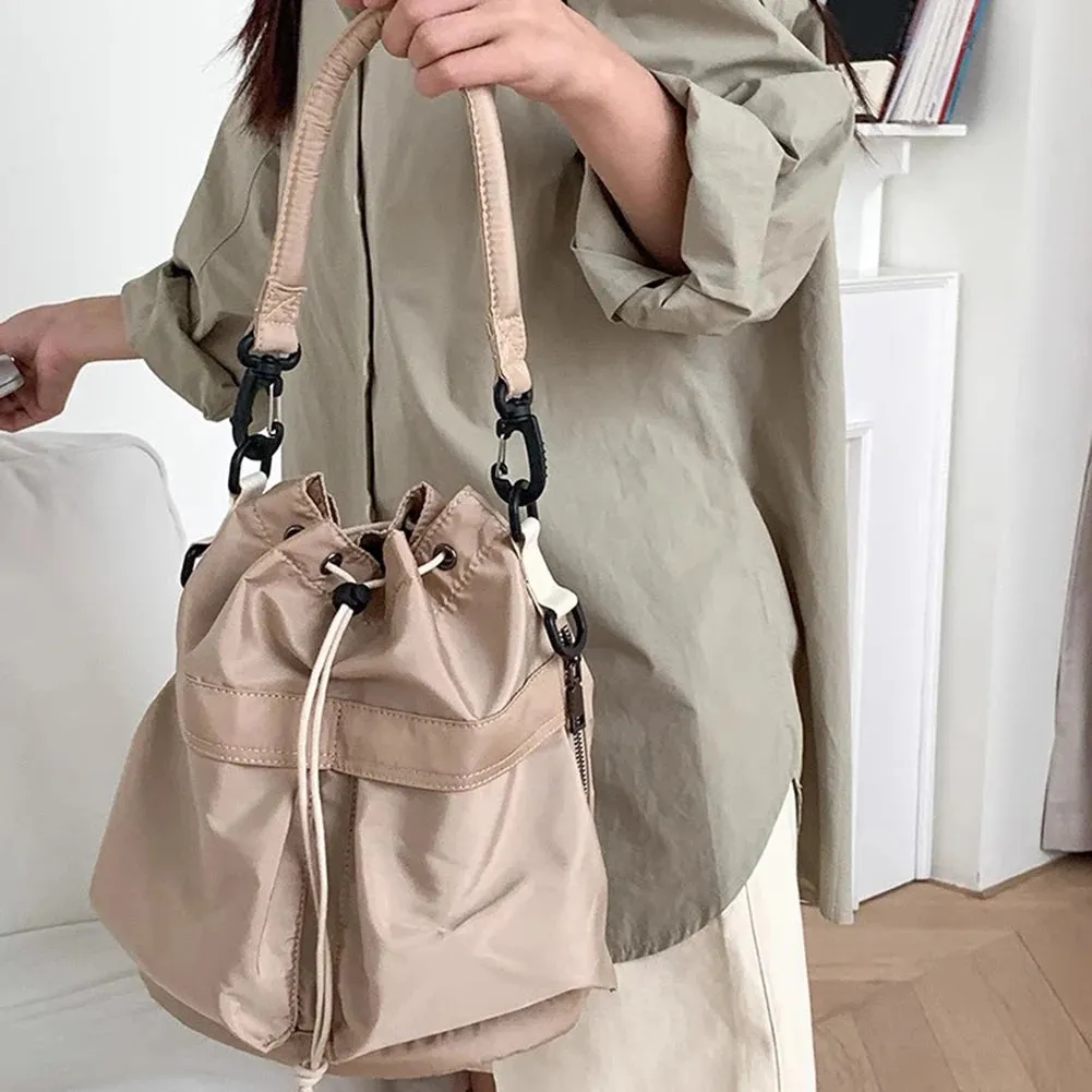 Sohiwoo Nylon Waterproof Shoulder Bag Drawstring Adjustable Women Crossbody Bag Harajuku Bucket Bag Large Capacity Travel Knapsack