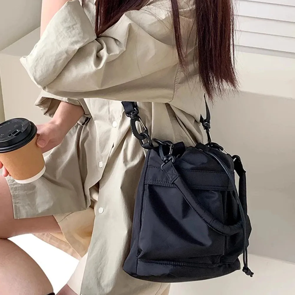 Sohiwoo Nylon Waterproof Shoulder Bag Drawstring Adjustable Women Crossbody Bag Harajuku Bucket Bag Large Capacity Travel Knapsack