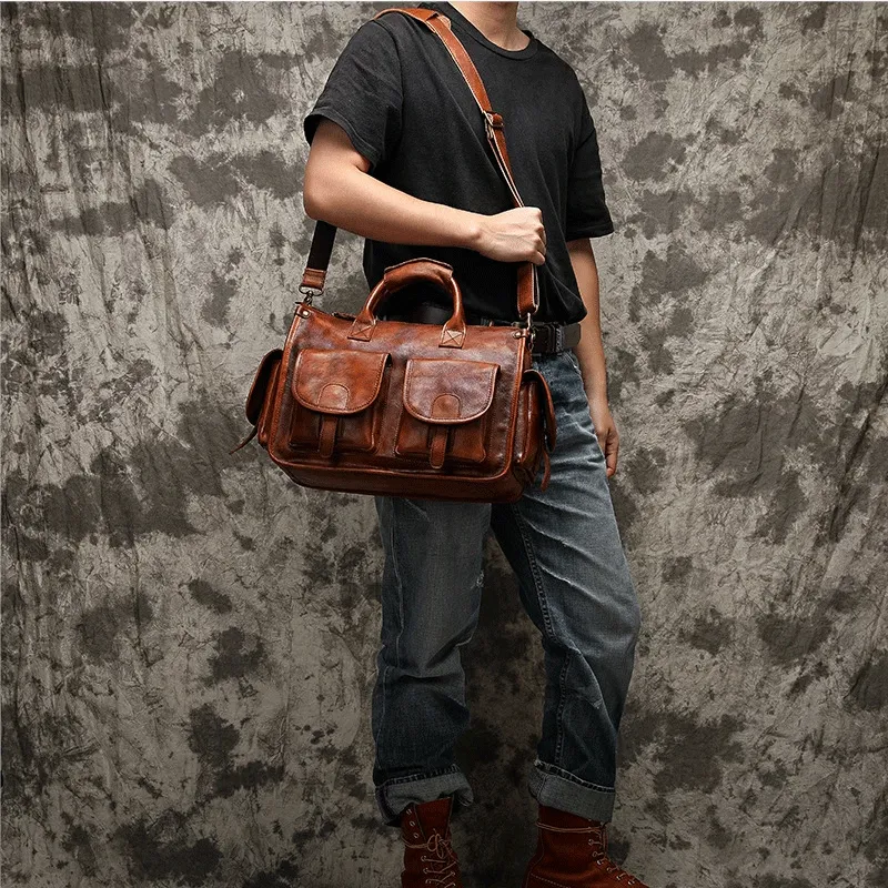 Vegetable Tanning Leather Postman Bag Briefcase Messenger Crossbody Bags