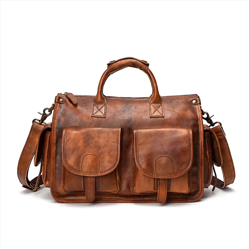 Vegetable Tanning Leather Postman Bag Briefcase Messenger Crossbody Bags