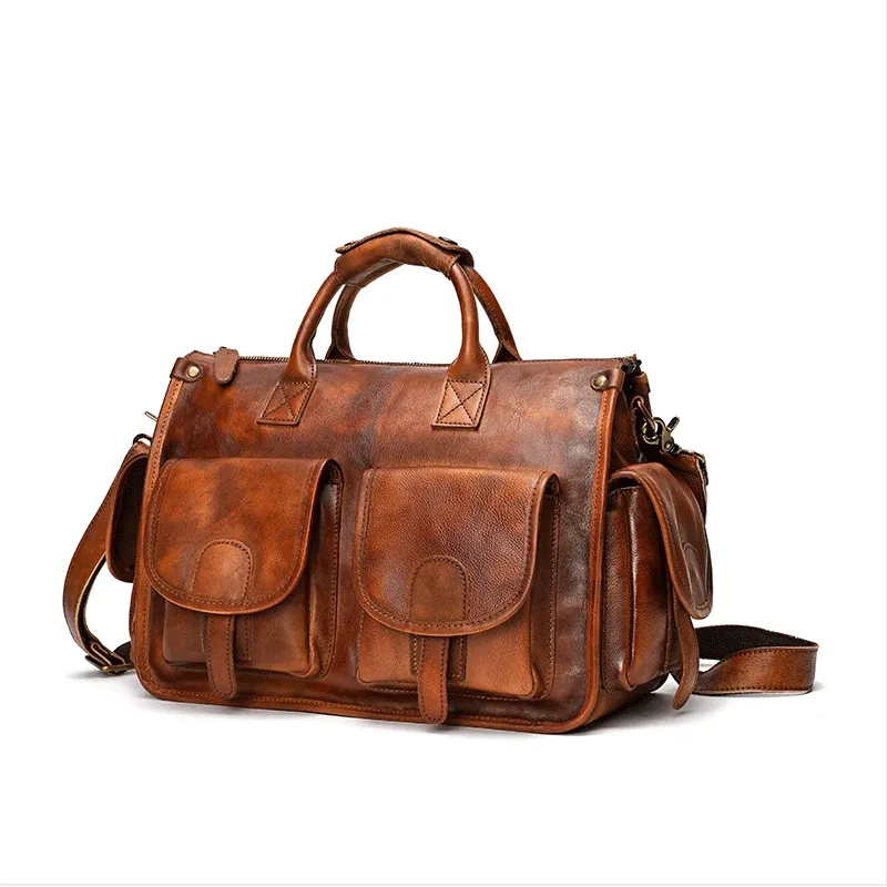 Vegetable Tanning Leather Postman Bag Briefcase Messenger Crossbody Bags