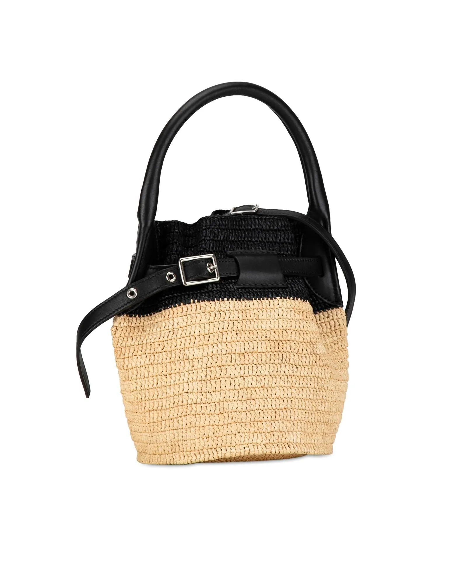 Woven Raffia Bucket Bag with Leather Trim and Rolled Handle