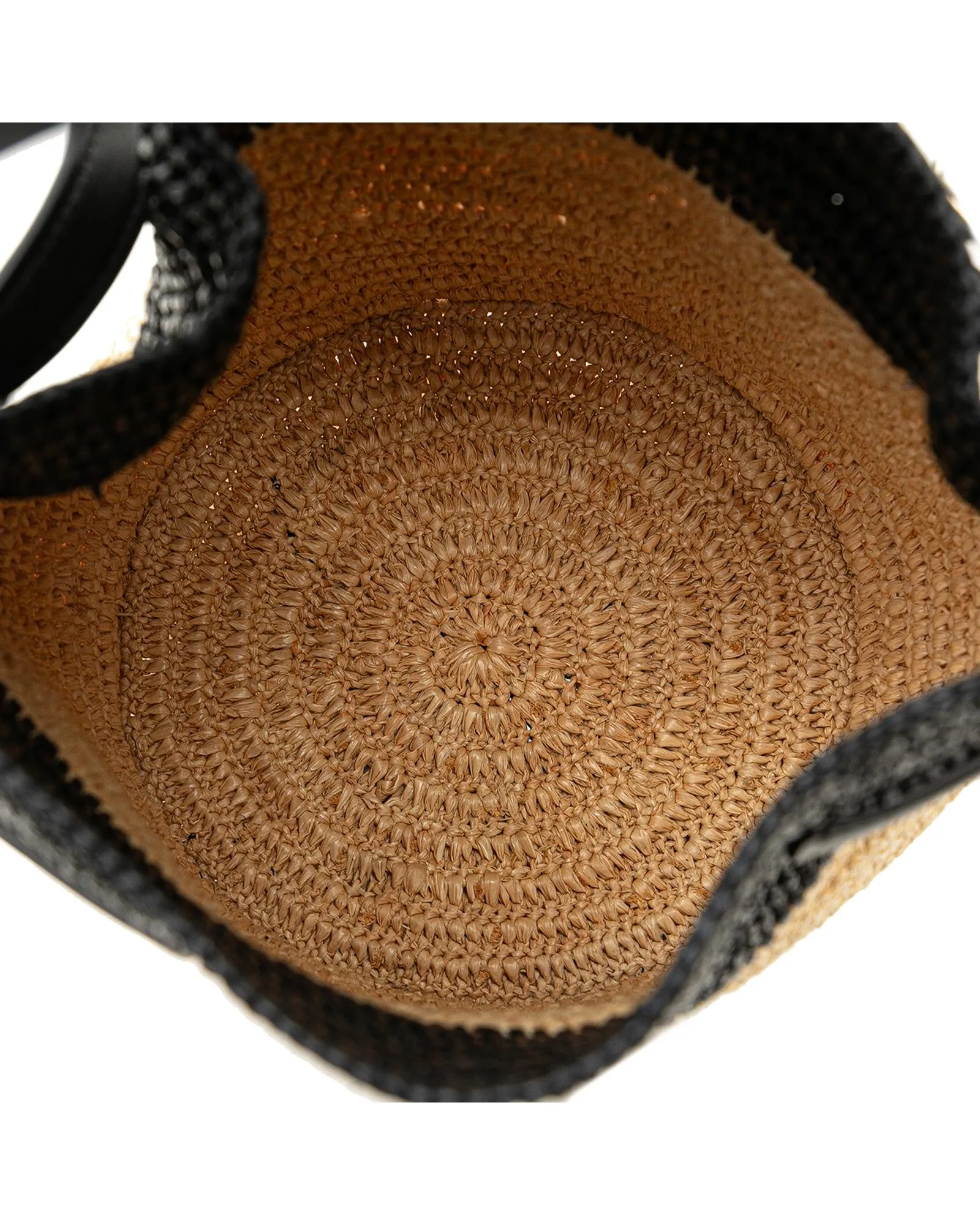 Woven Raffia Bucket Bag with Leather Trim and Rolled Handle