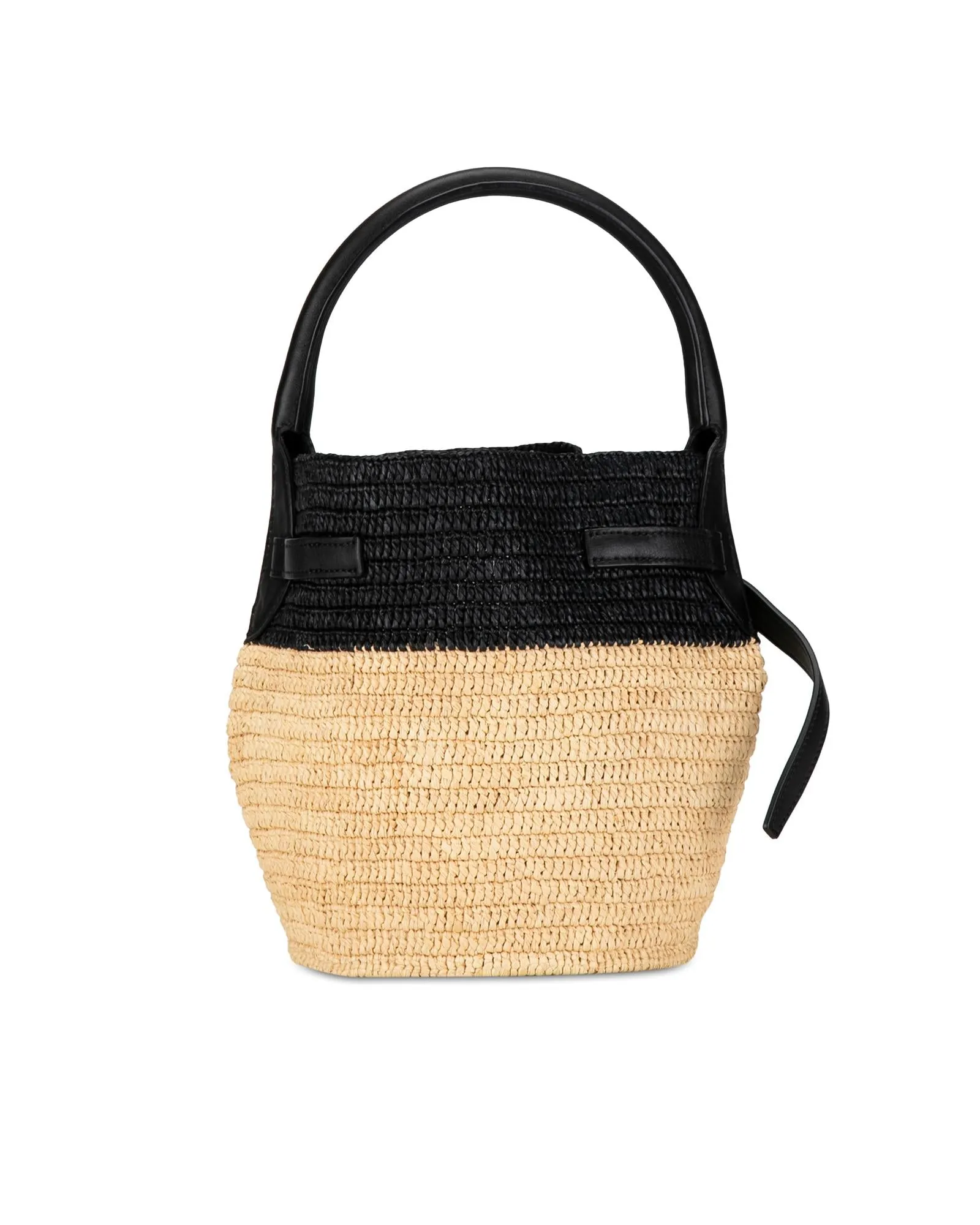 Woven Raffia Bucket Bag with Leather Trim and Rolled Handle