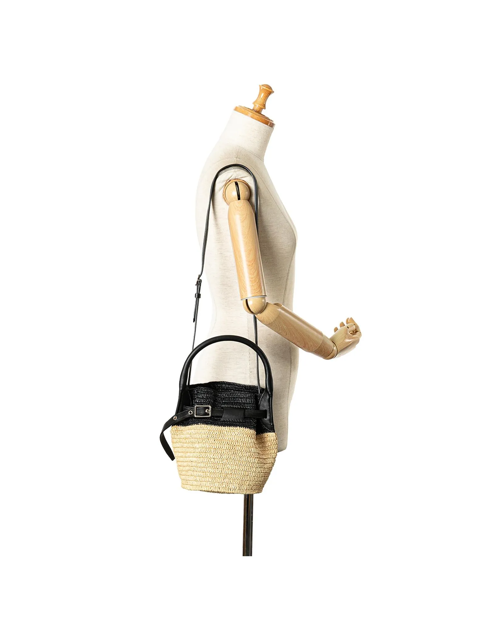 Woven Raffia Bucket Bag with Leather Trim and Rolled Handle