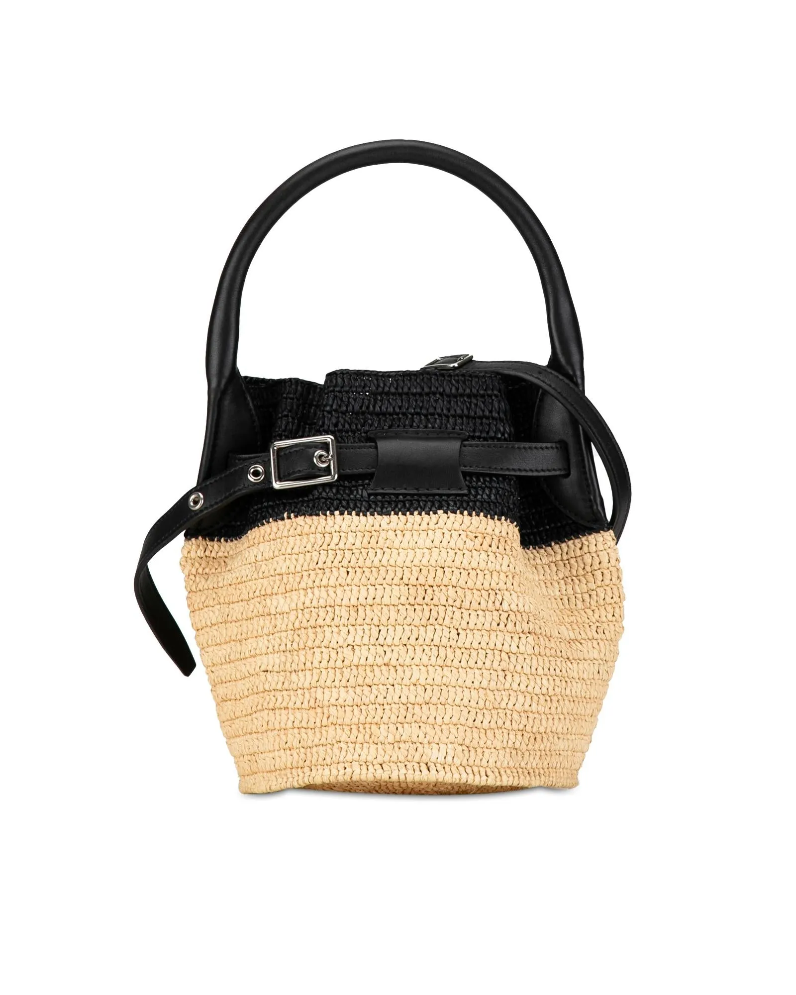 Woven Raffia Bucket Bag with Leather Trim and Rolled Handle