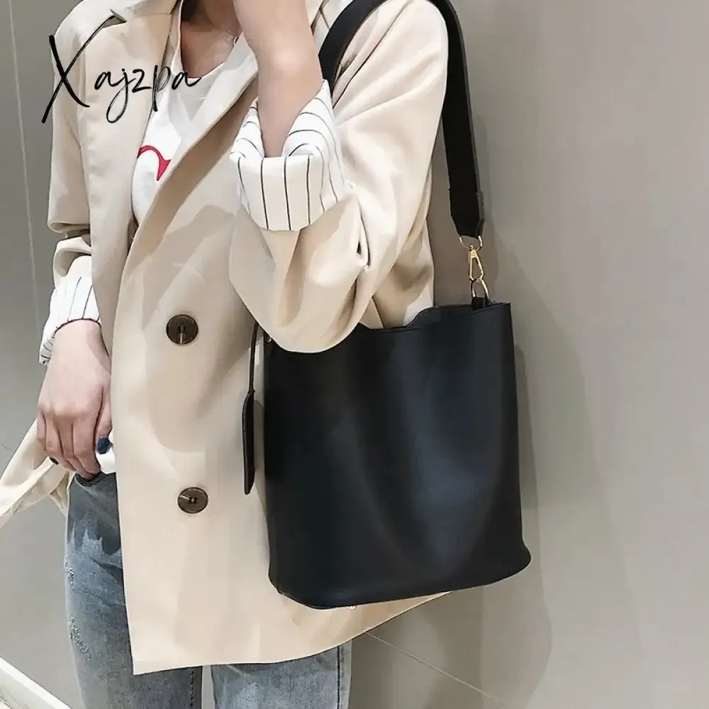 Xajzpa - 2piece/set Fashion Designer Pu Leather Women&#39;s Handbags Good Casual Ladies Tote Female Black Bucket Women Shoulder Crossbody Bag