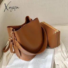 Xajzpa - 2piece/set Fashion Designer Pu Leather Women&#39;s Handbags Good Casual Ladies Tote Female Black Bucket Women Shoulder Crossbody Bag